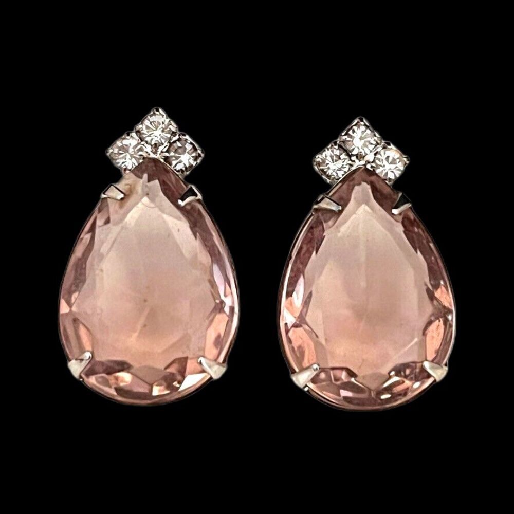 Vintage 1980s Earrings Pink Faceted Glass Rhinestone Accent Silver Tone - 3B